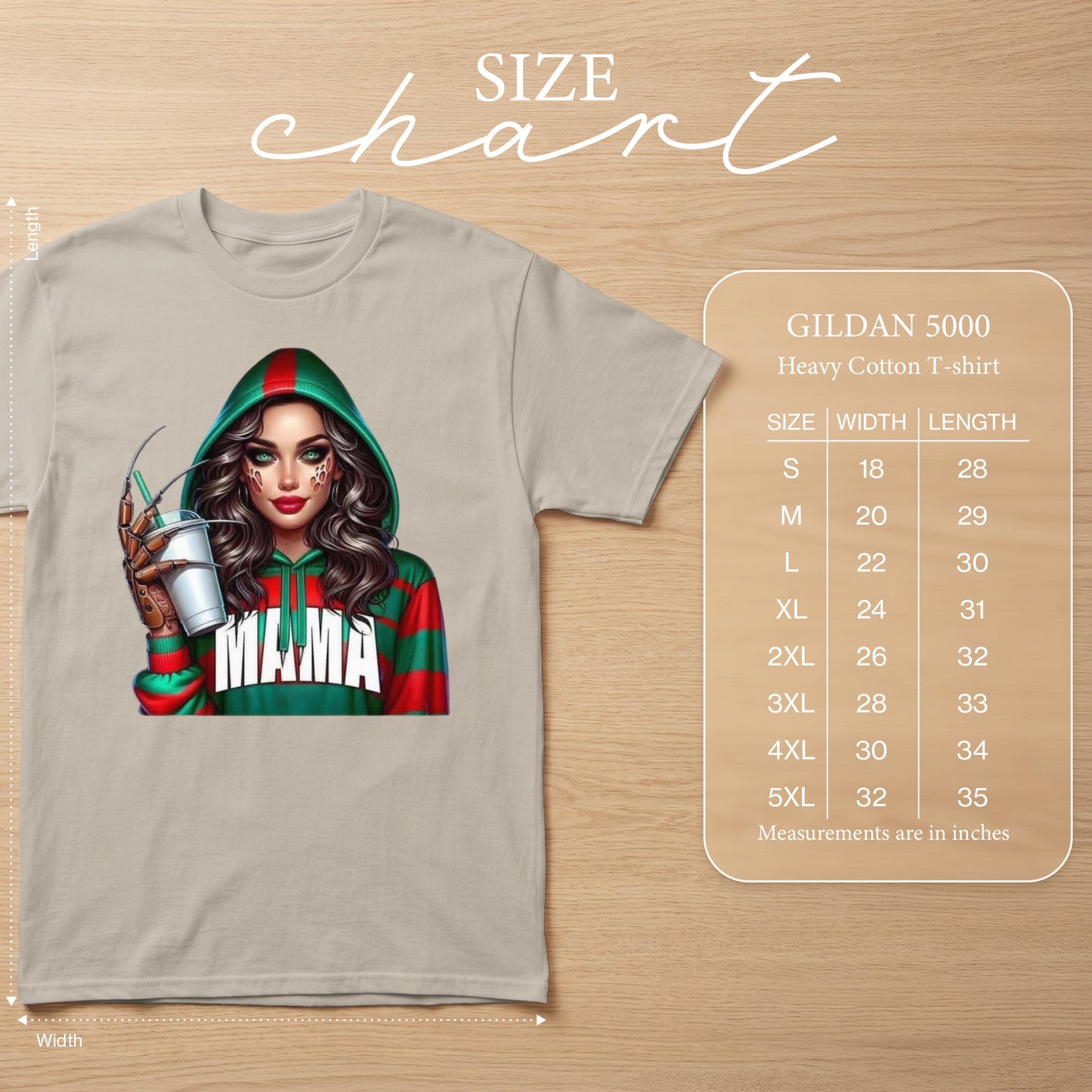 T-shirt with "Mama" graphic and size chart for Gildan 5000 Heavy Cotton T-shirts.
