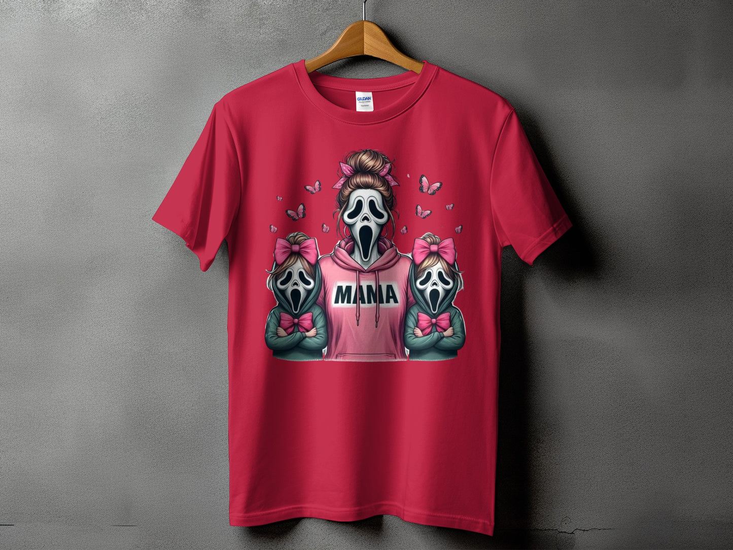 Red t-shirt with a graphic of a ghost face in a hoodie with "MAMA" text and two smaller ghost faces.