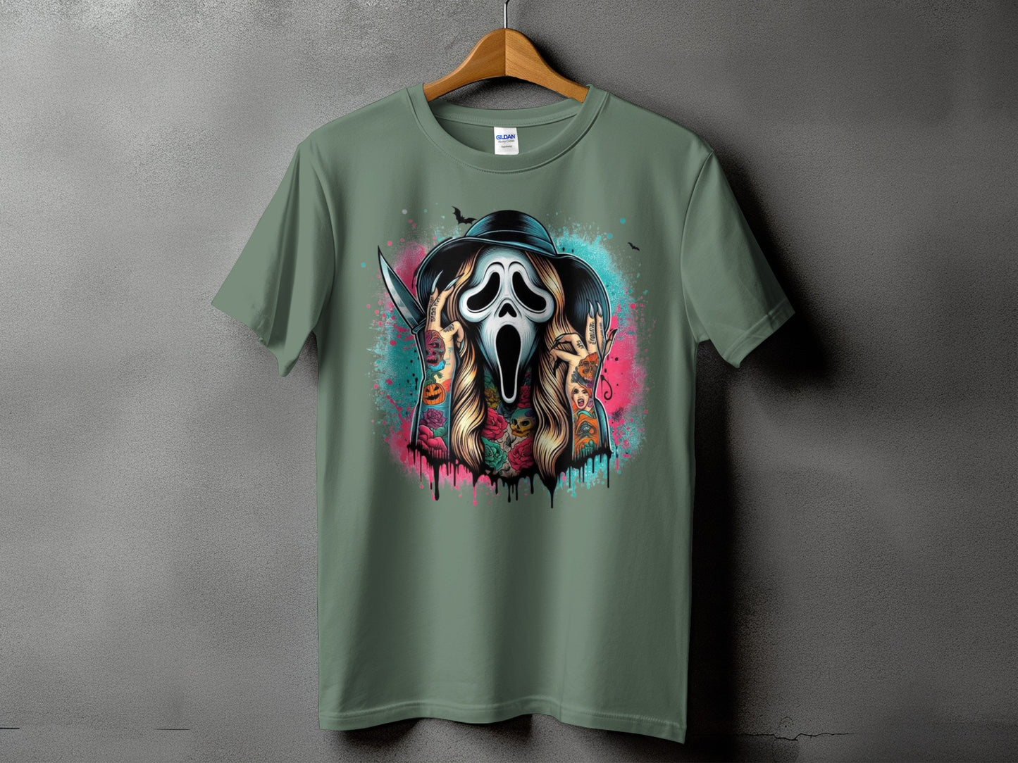 Ghostface with knife, tattoos, and floral designs on a green t-shirt.