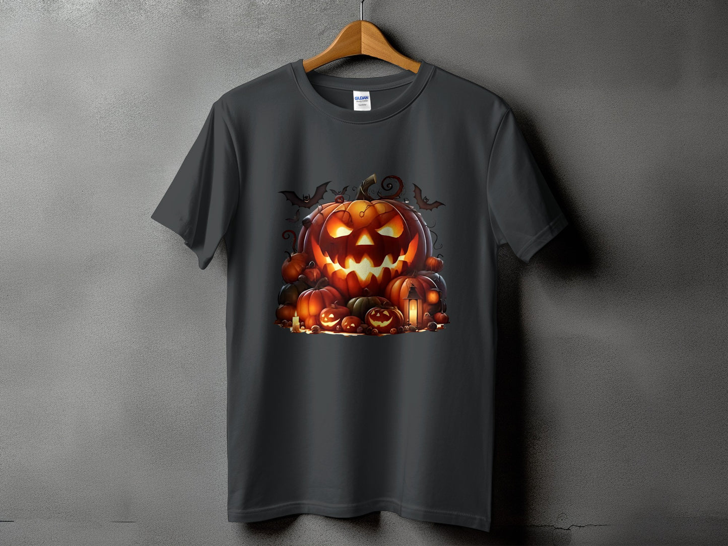 Dark gray t-shirt with a large, glowing Jack-o'-lantern surrounded by smaller pumpkins and bats.