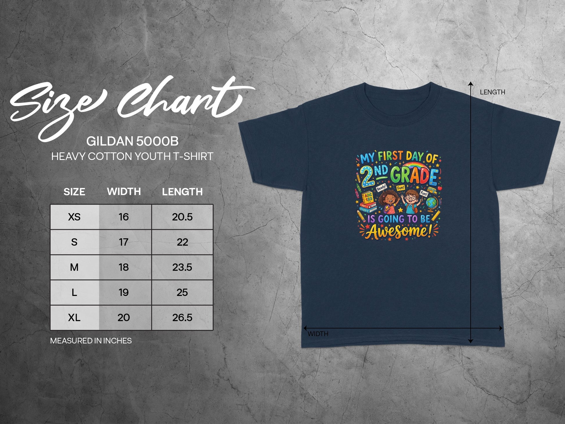 Youth Gildan 5000B t-shirt size chart with width and length measurements in inches.
