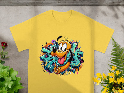 Yellow t-shirt with Pluto character in graffiti art style.