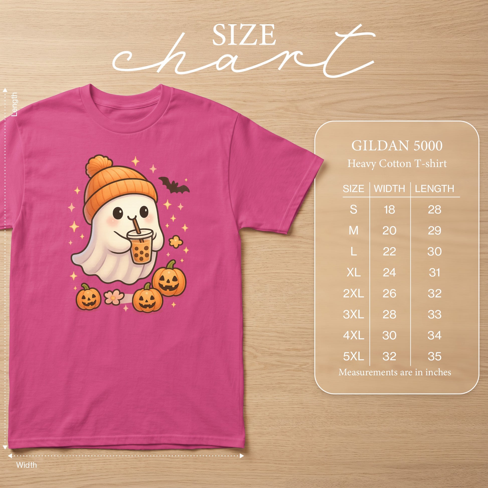 Pink t-shirt with a cute ghost, pumpkins, bat, and bubble tea graphic. Size chart included.