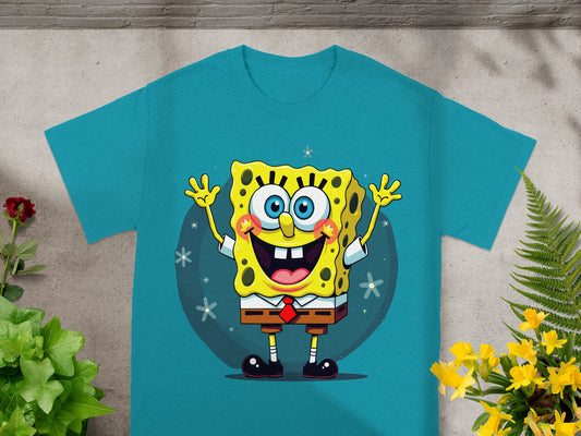 SpongeBob SquarePants graphic on a teal t-shirt.