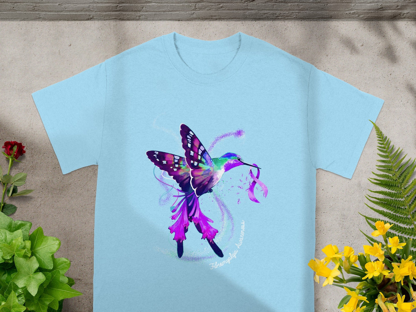 Colorful Hummingbird Design on Blue T-shirt