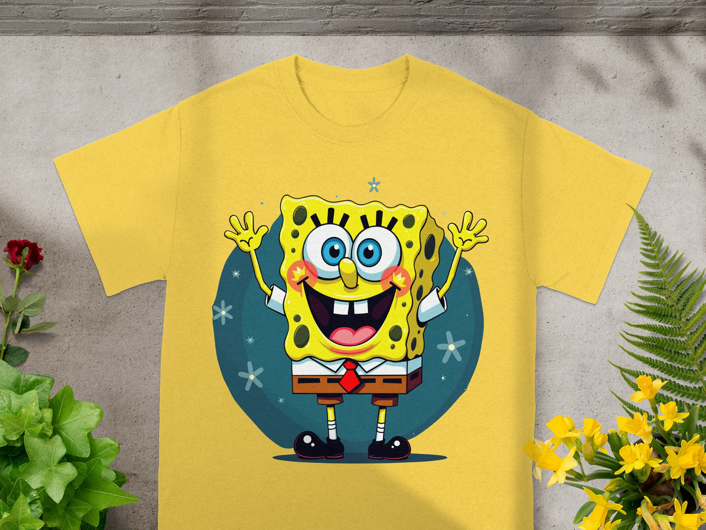 Yellow t-shirt with Spongebob Squarepants character illustration.