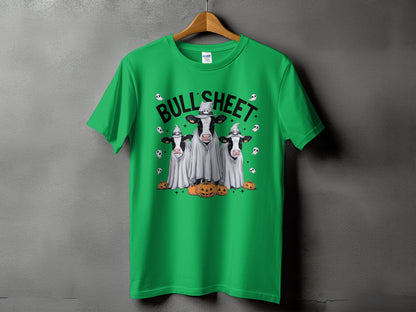 Green t-shirt with "Bull Sheet" text and cows dressed as ghosts with pumpkins.
