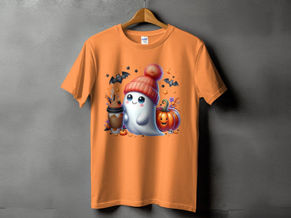 Orange t-shirt with ghost, coffee, pumpkin, and bat Halloween graphic.