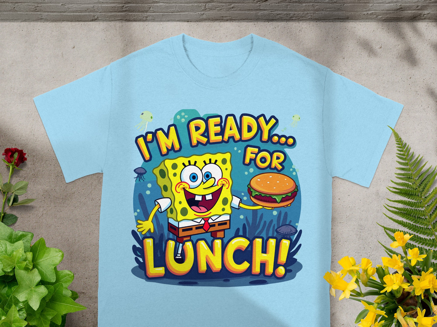 SpongeBob SquarePants holds a burger with text "I'M READY... FOR LUNCH!".