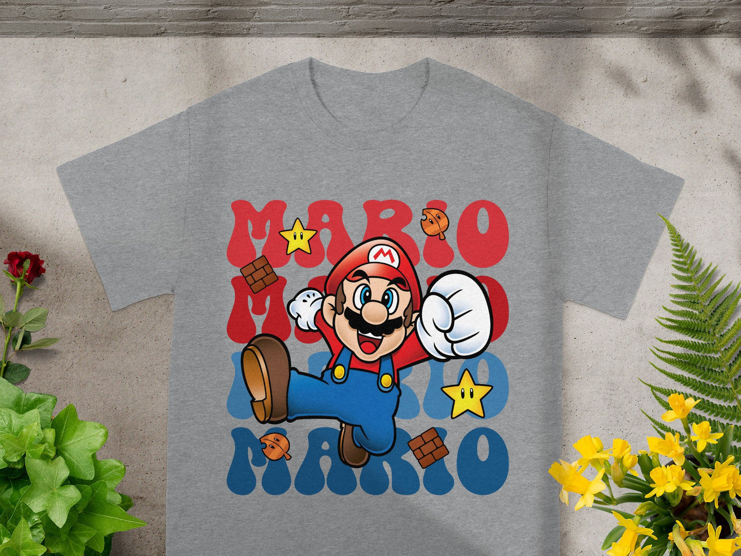 Mario leaping in front of red and blue brick text that reads "MARIO".