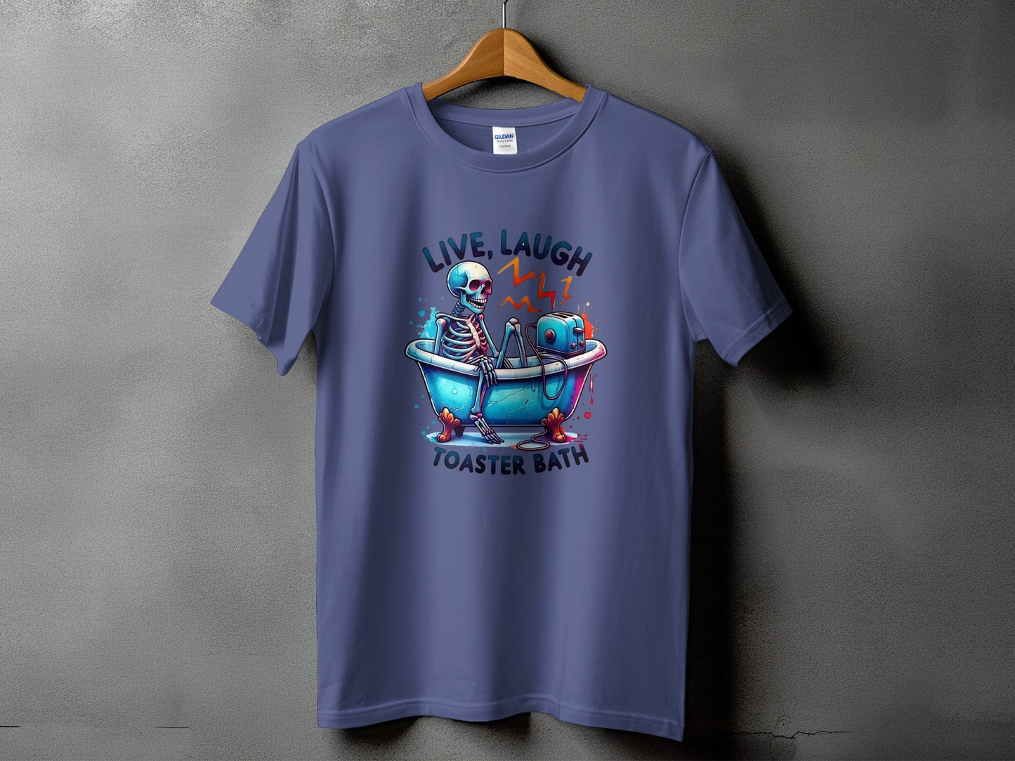 T-shirt with skeleton in bathtub and text "LIVE, LAUGH, TOASTER BATH".