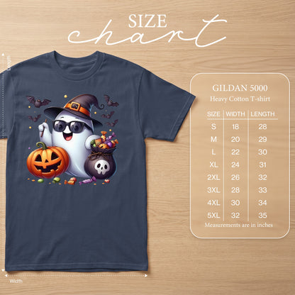 Size chart for Gildan 5000 Heavy Cotton T-shirt with Halloween ghost graphic.