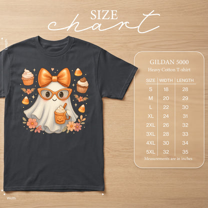 Ghost with pumpkin spice latte, cupcakes, and candy corn design on Gildan 5000 shirt.