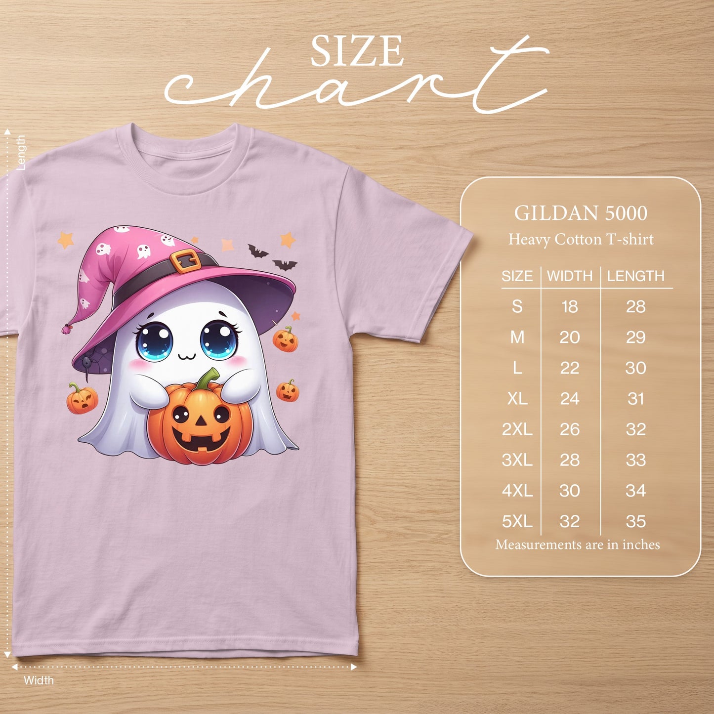 Lilac Gildan 5000 heavy cotton t-shirt with cute ghost and pumpkin graphic.