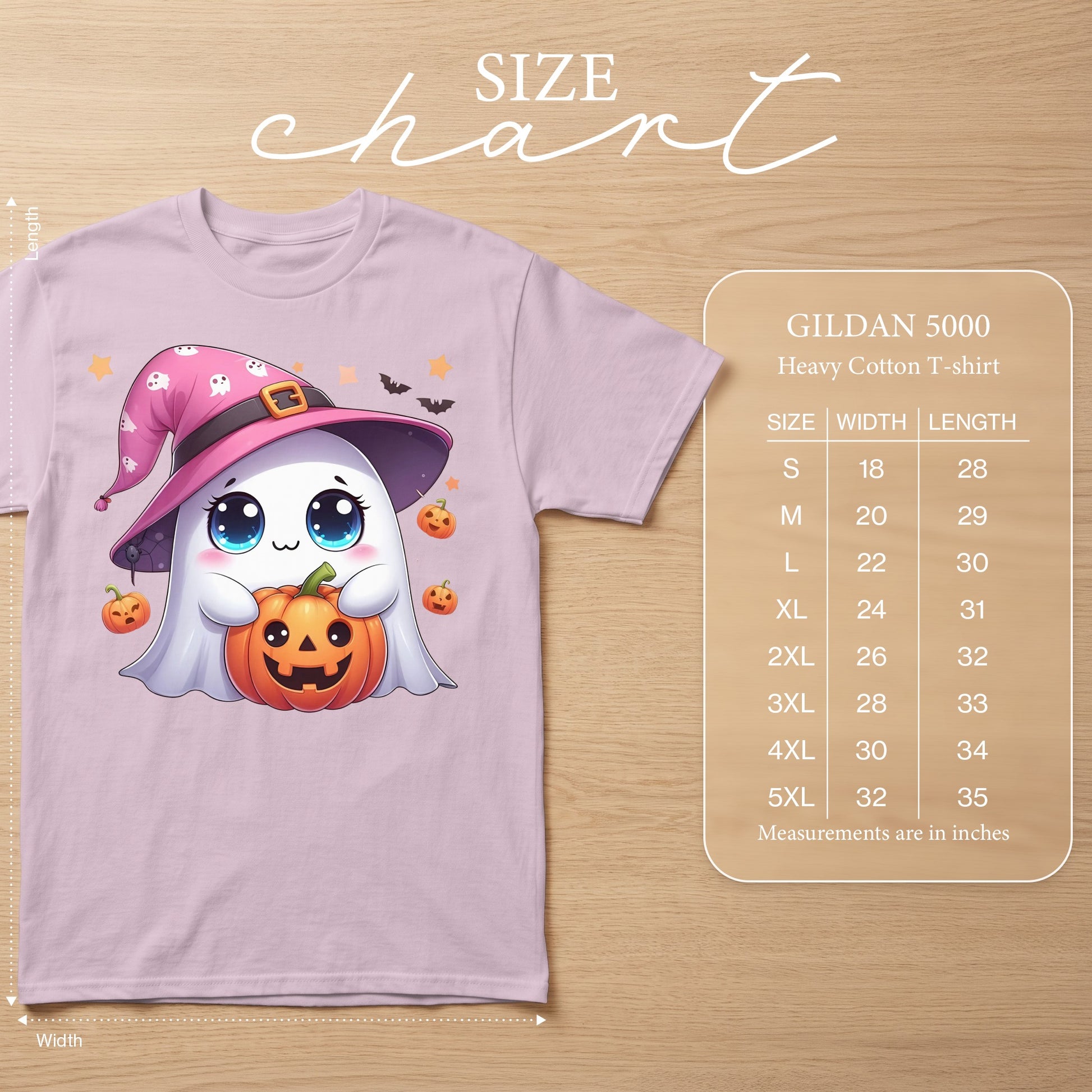 Lilac Gildan 5000 heavy cotton t-shirt with cute ghost and pumpkin graphic.