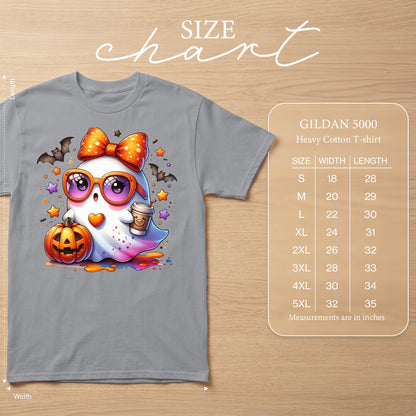 Gildan 5000 Heavy Cotton T-shirt size chart with ghost graphic.