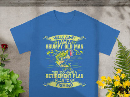 Blue t-shirt with "Grumpy Old Man Retirement Plan Fishing" text and bass fish graphic.