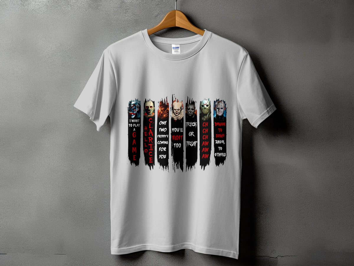 White t-shirt with horror movie characters and their quotes printed vertically.