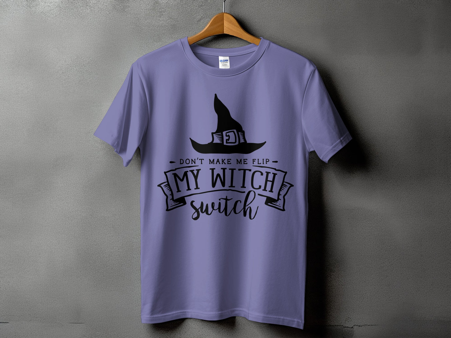 Purple t-shirt with black witch hat graphic and text reading "My Witch Switch".