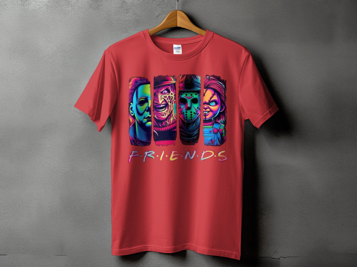 Red t-shirt featuring horror characters Michael Myers, Freddy Krueger, Jason Voorhees, and Chucky with "FRIENDS" text.