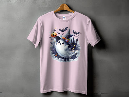 Pink t-shirt with a cute ghost wearing a witch hat and holding a pumpkin.