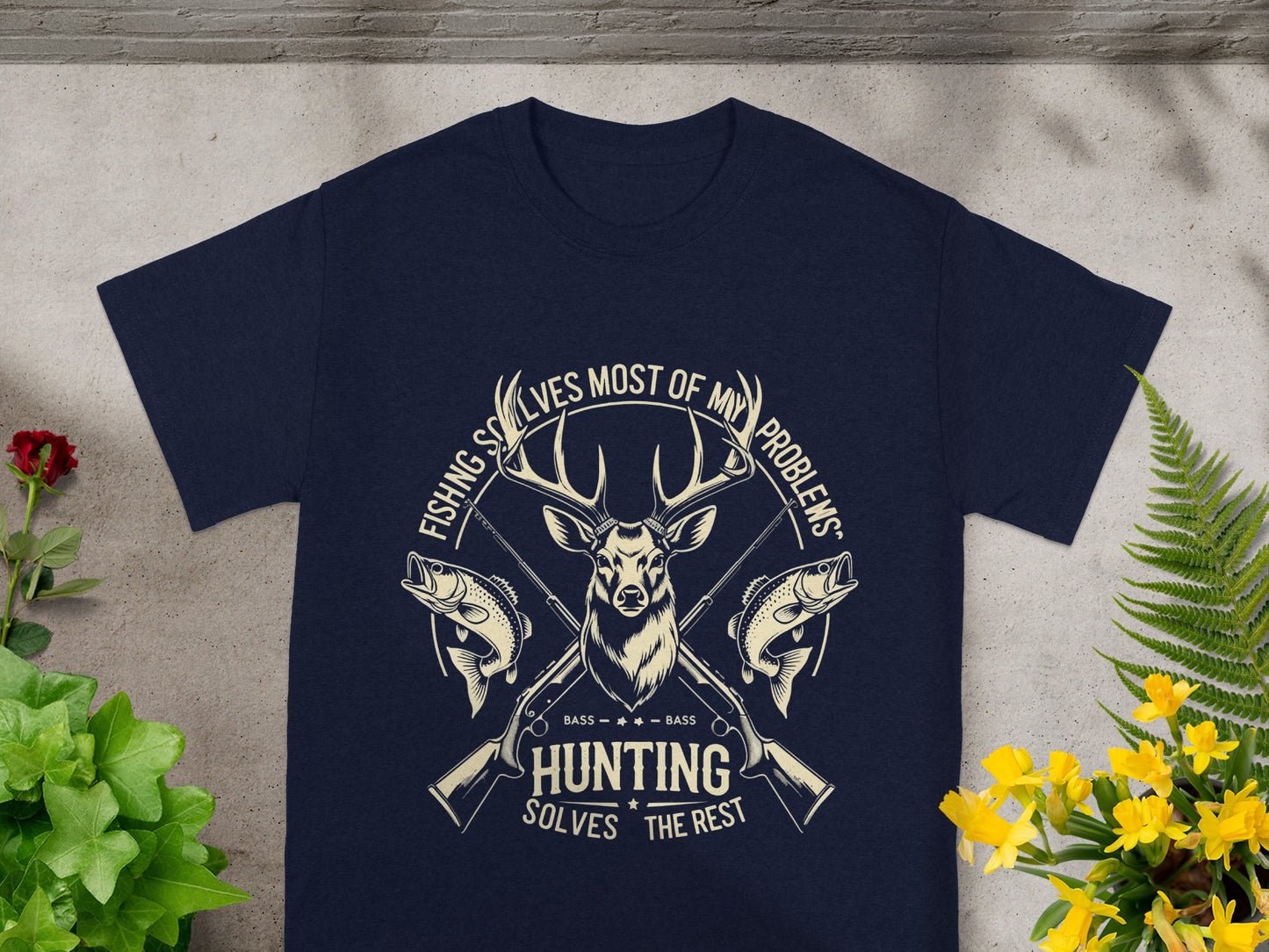 Navy t-shirt with deer, fish, and guns graphic and text.