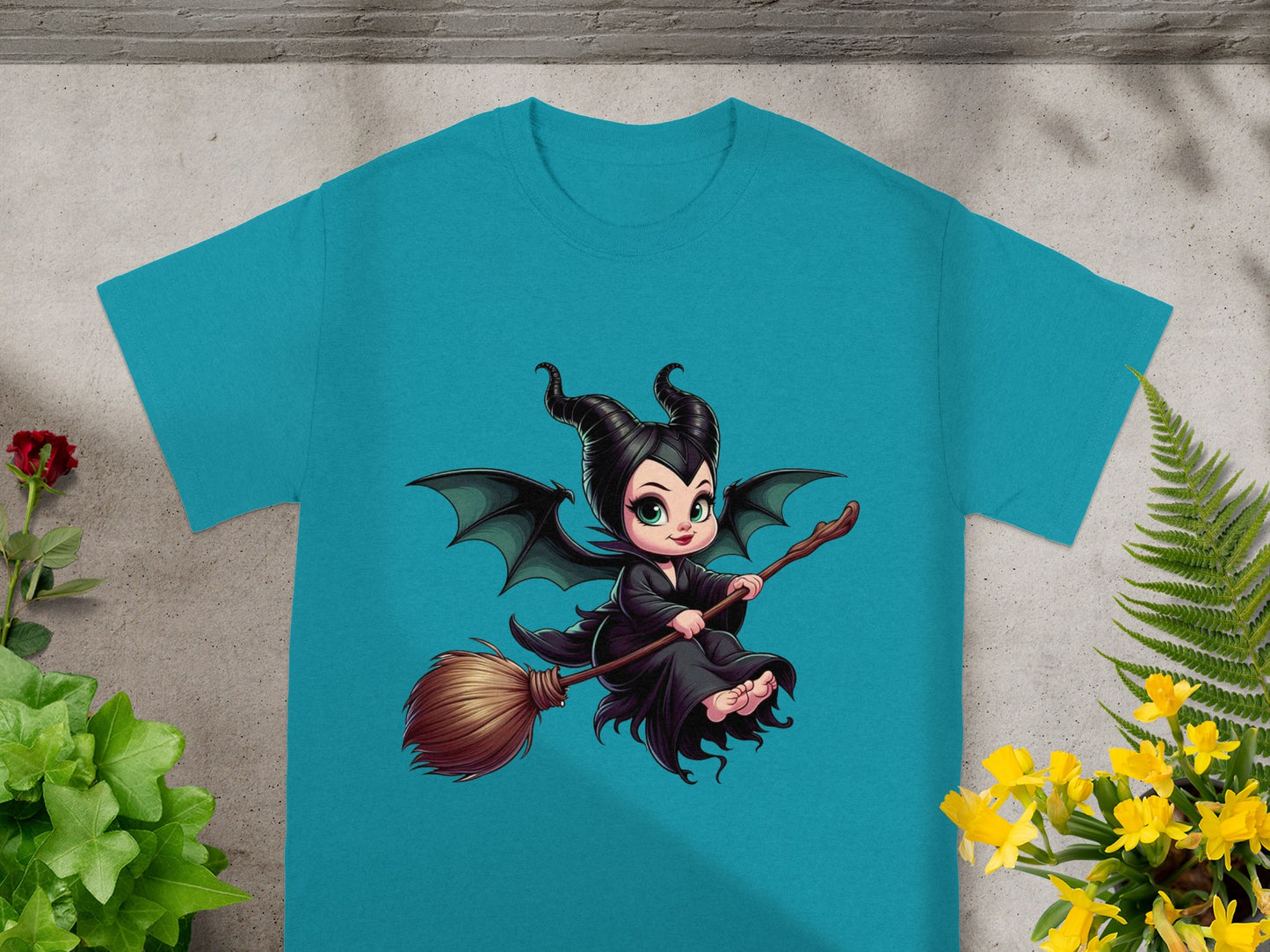 Cartoon Maleficent character with wings and horns flying on a broomstick.