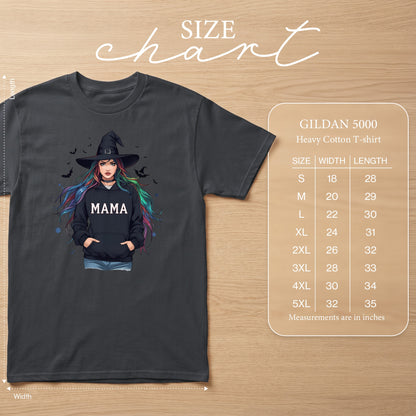 Dark grey Gildan 5000 heavy cotton t-shirt with "MAMA" graphic and size chart.