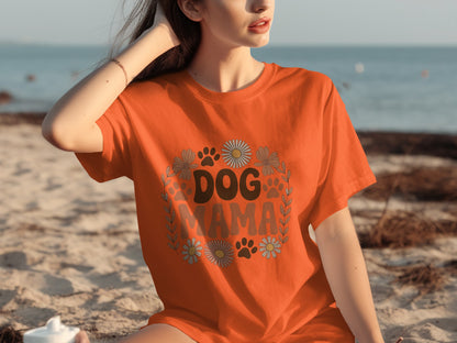 Dog Mama Graphic Tee with Flower and Paw Print Design