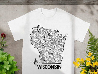 Wisconsin Map Design Graphic on White T-Shirt