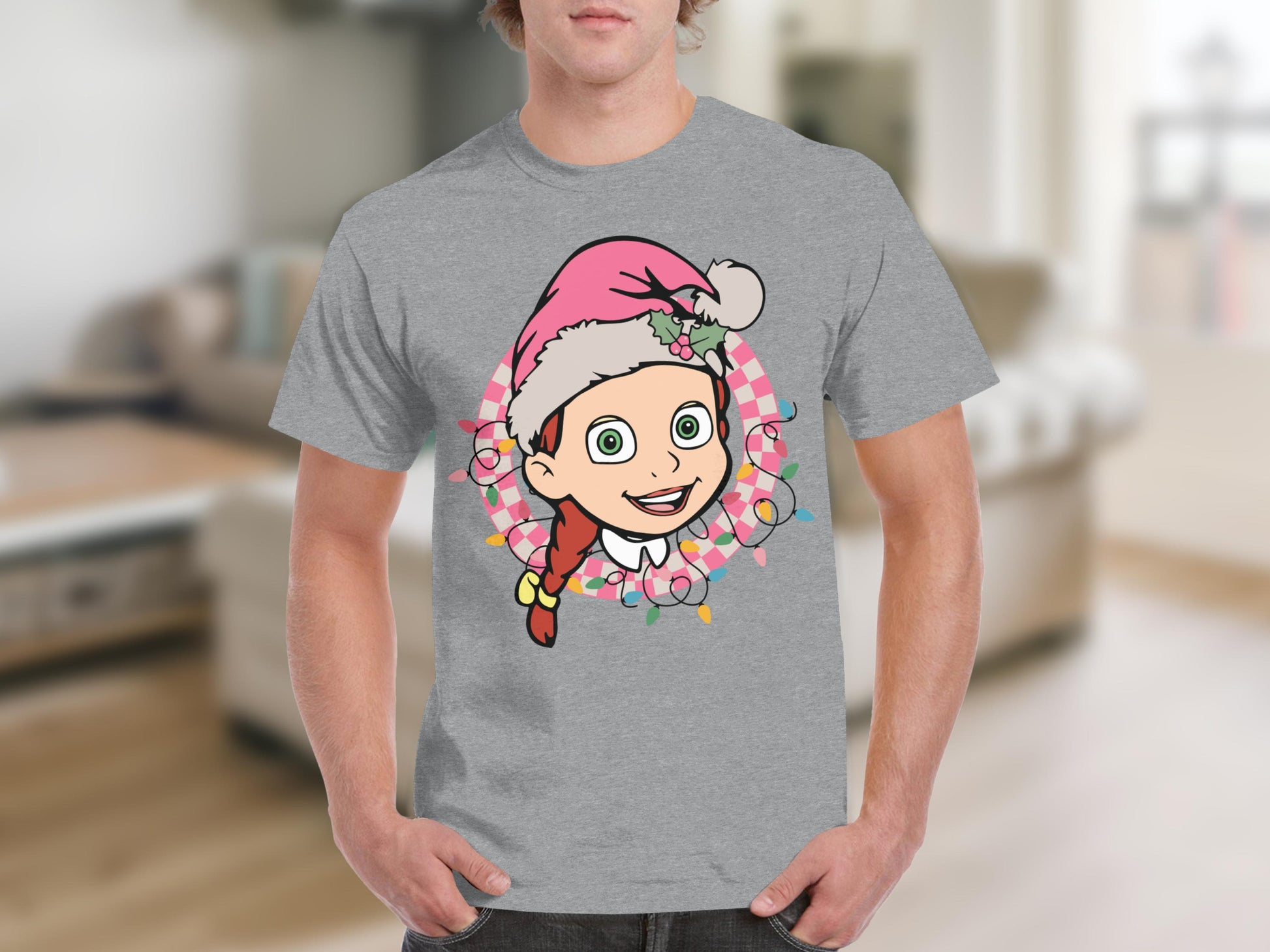 Festive Cartoon Character With Santa Hat T-shirt