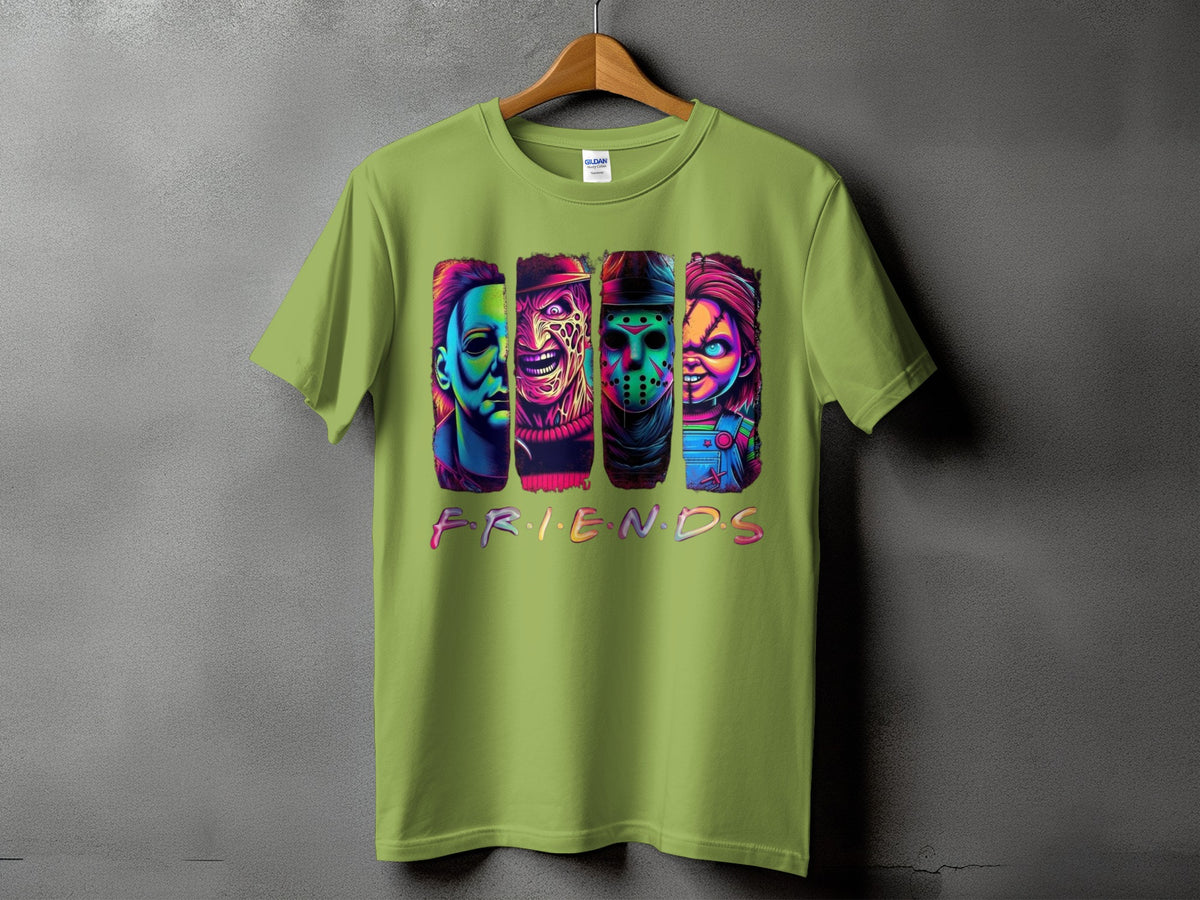 Green t-shirt with "FRIENDS" text and stylized horror characters.