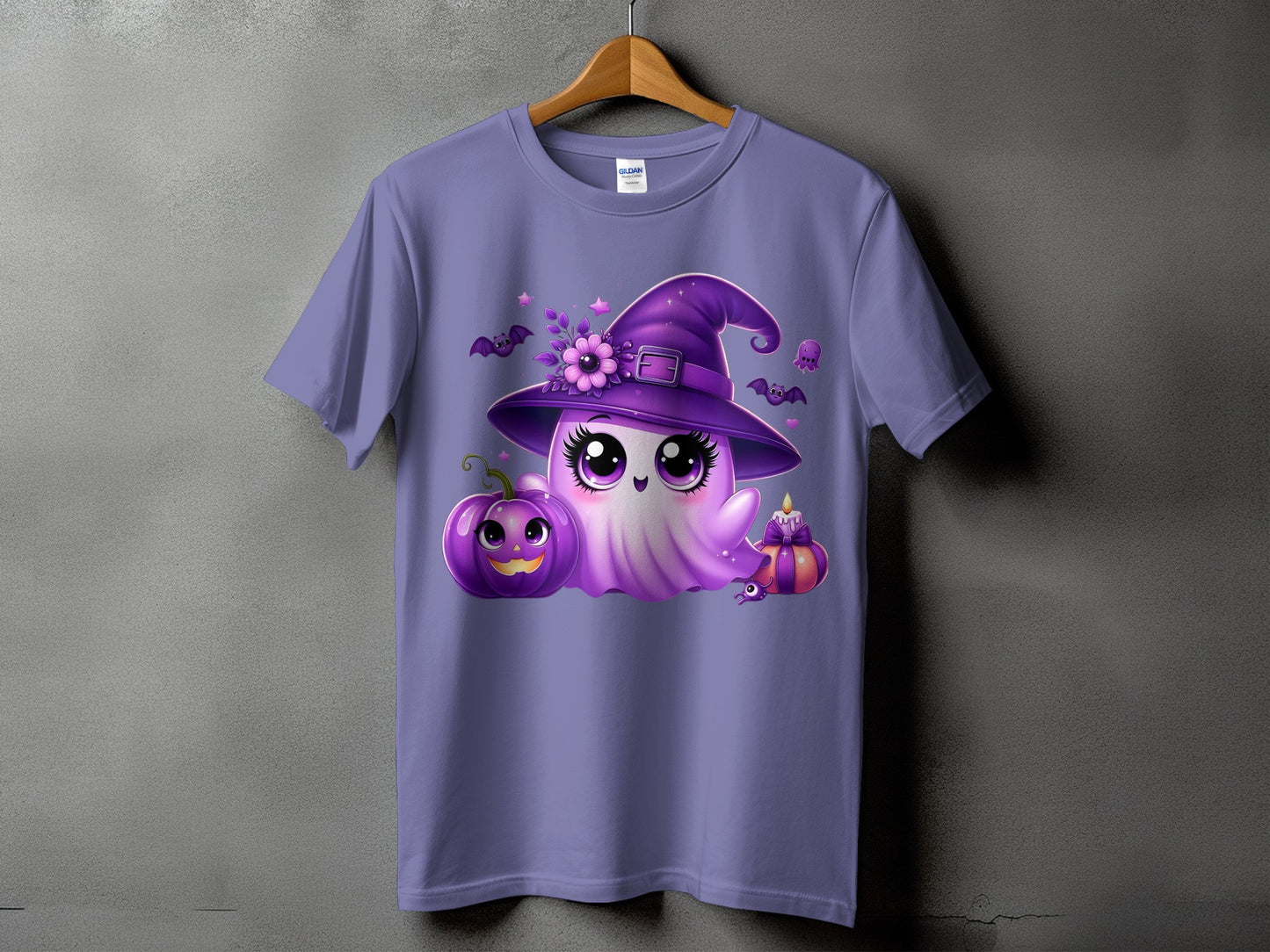 Purple t-shirt with a cute Halloween ghost wearing a witch hat, holding a pumpkin and a candle.