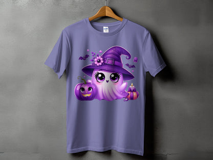 Purple t-shirt with a cute Halloween ghost wearing a witch hat, holding a pumpkin and a candle.