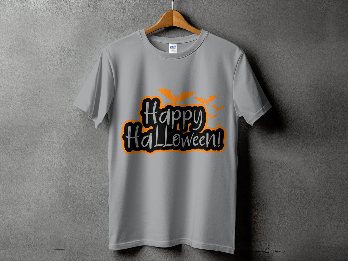 Grey t-shirt with "Happy Halloween!" text and orange bats.