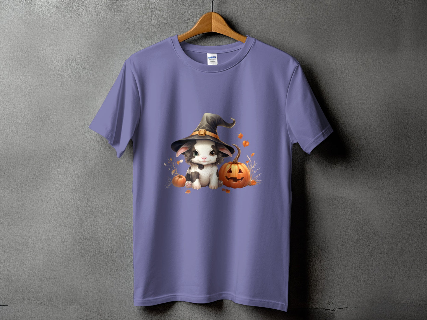 Purple t-shirt with a cute Halloween bunny wearing a witch hat and pumpkins.