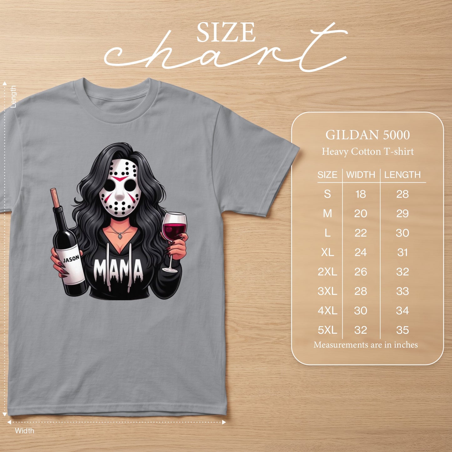 Grey t-shirt with "Mama" design featuring woman in Jason mask holding wine bottle and glass.