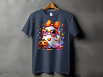 Ghost wearing sunglasses holding coffee cup with pumpkin and bats.