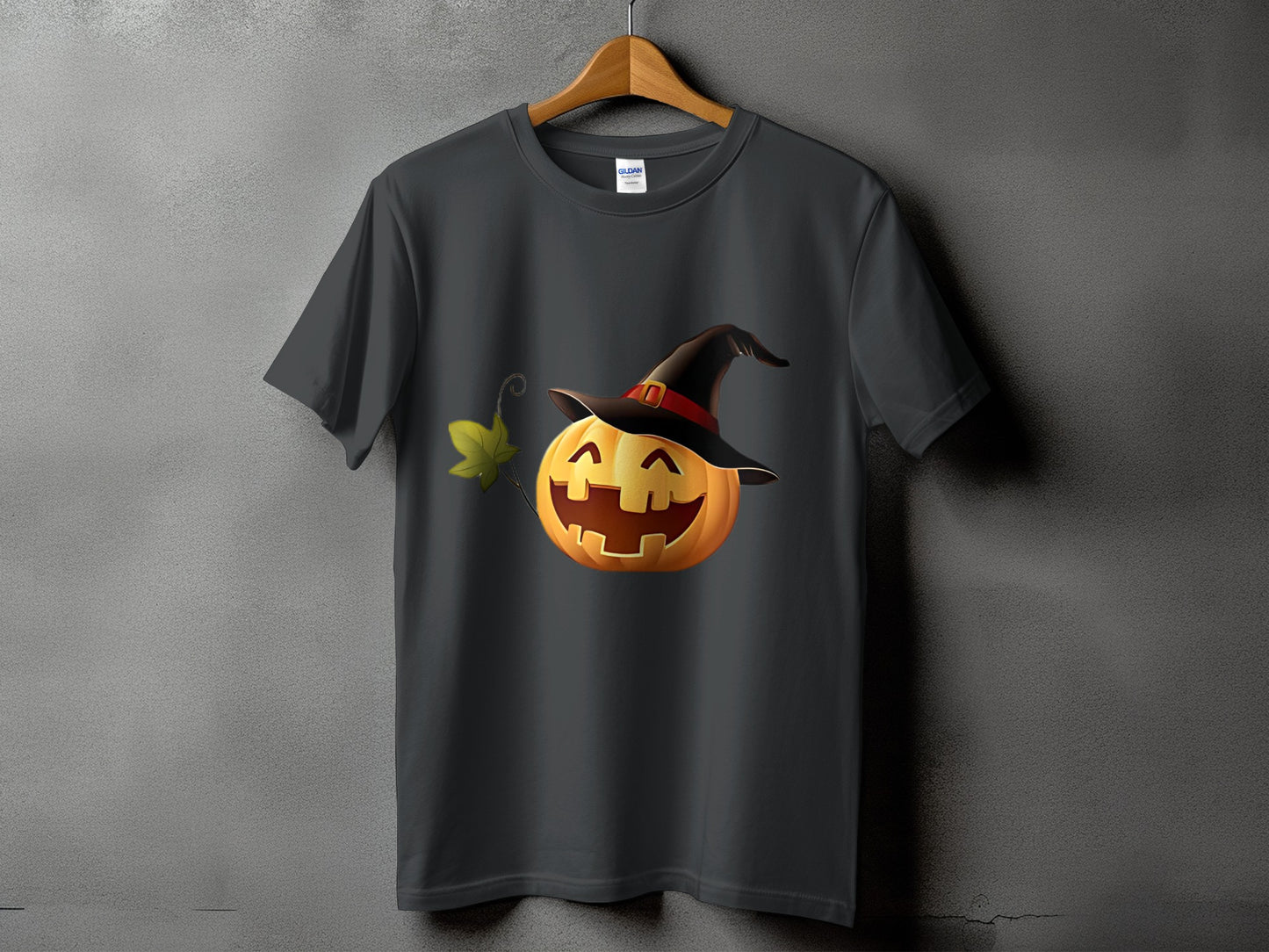 Dark grey t-shirt with a happy Jack-o'-lantern wearing a witch hat.