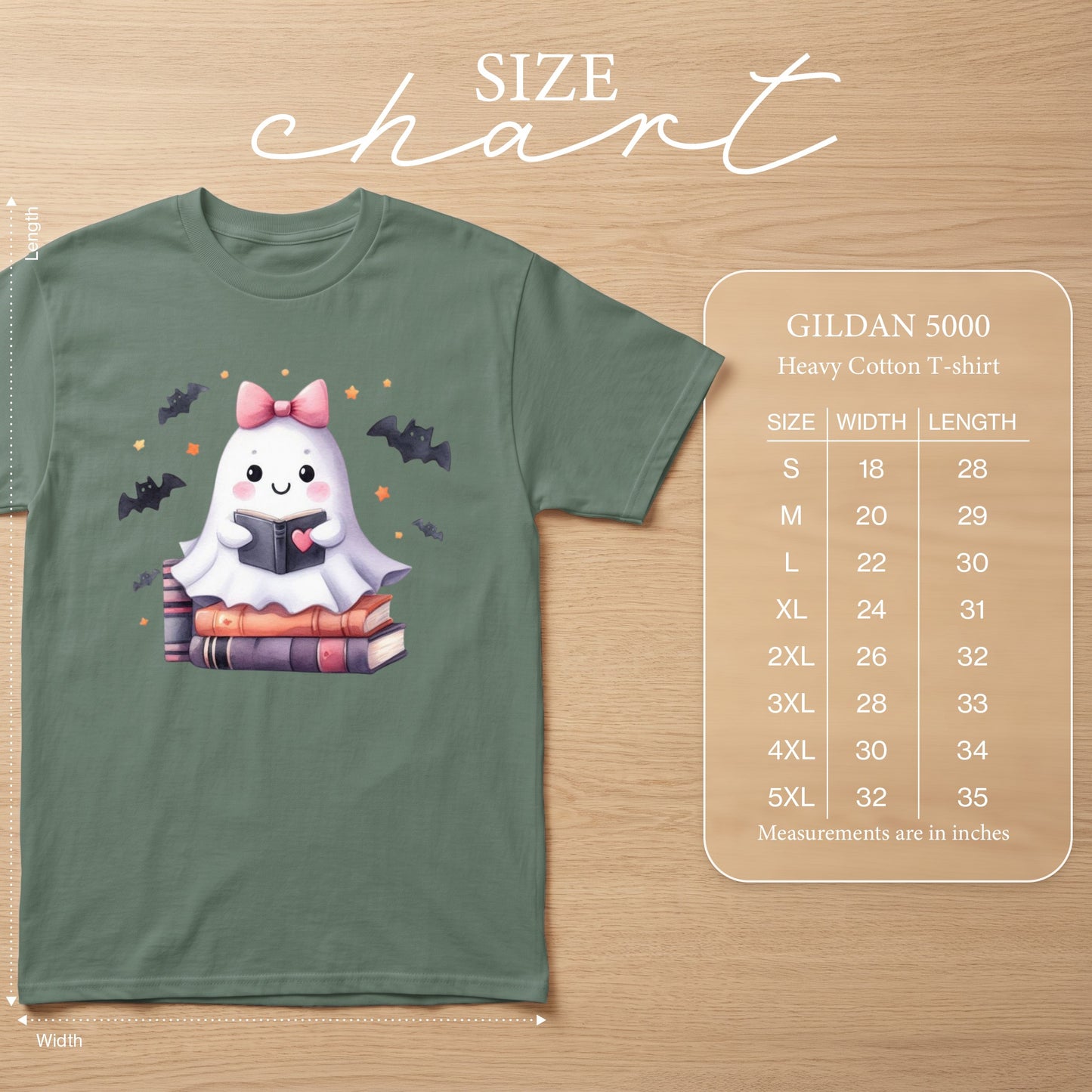 Ghost reading a book on books, with bats and stars, size chart for Gildan 5000 shirt.
