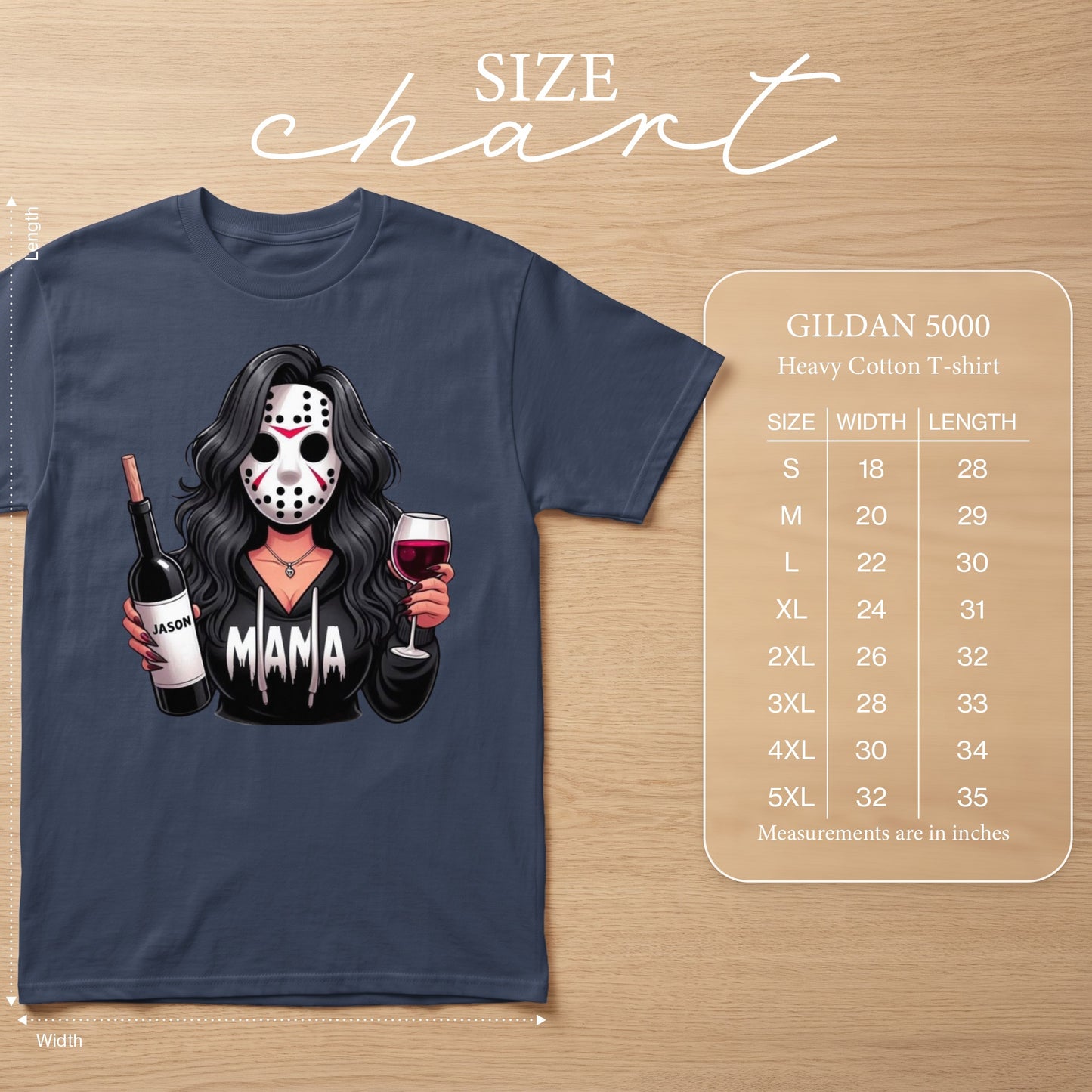 "Mama" graphic tee with a female figure in a Jason mask holding a wine bottle and glass. Includes size chart.