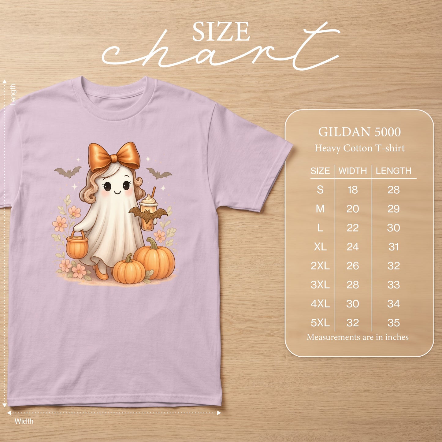 Lilac Gildan 5000 Heavy Cotton T-shirt with ghost graphic and size chart.
