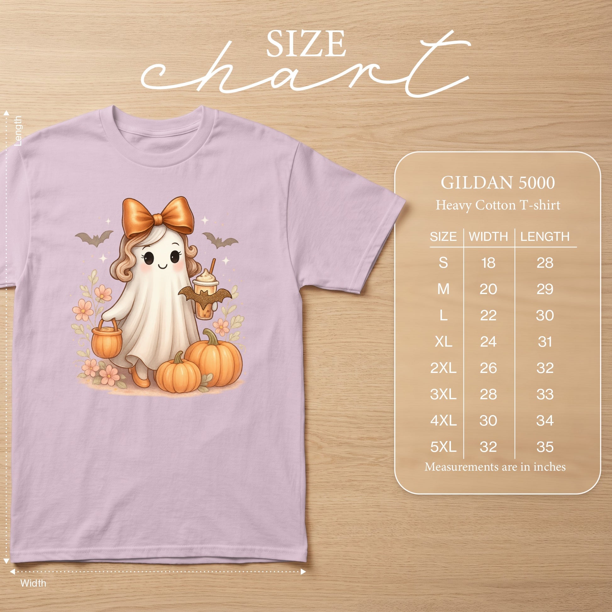 Lilac Gildan 5000 Heavy Cotton T-shirt with ghost graphic and size chart.