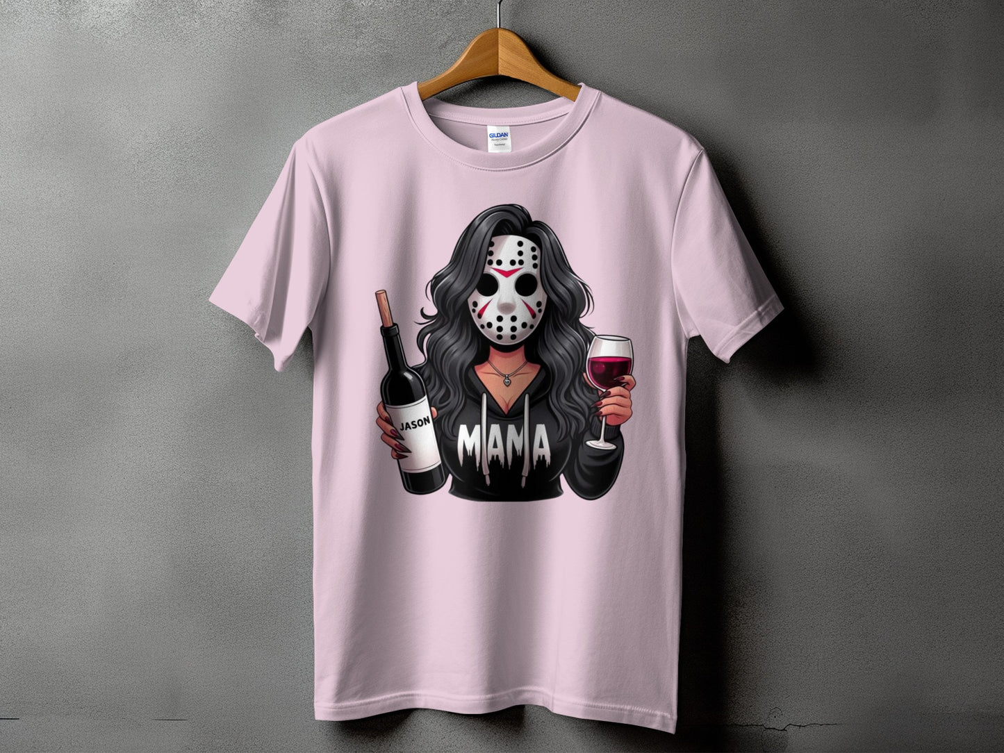 T-shirt with illustration of a woman in a hockey mask holding wine and a bottle labeled "Jason"