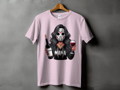 T-shirt with illustration of a woman in a hockey mask holding wine and a bottle labeled "Jason"
