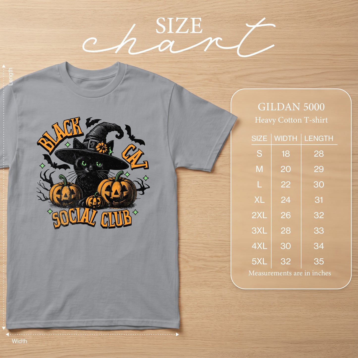 Gray Gildan 5000 heavy cotton t-shirt with black cat and pumpkin Halloween graphic.