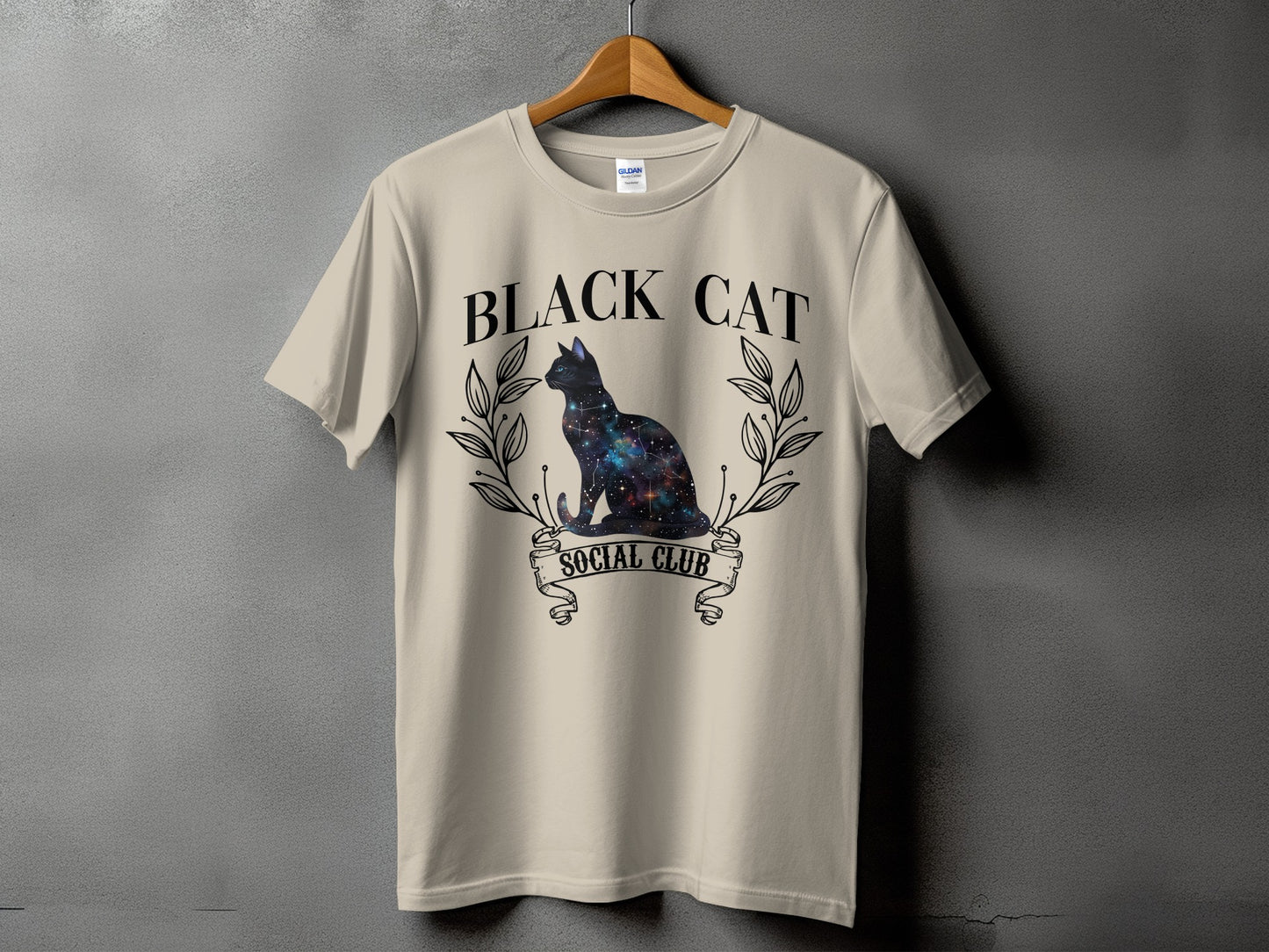 Light beige t-shirt with "BLACK CAT SOCIAL CLUB" text and galaxy cat graphic.