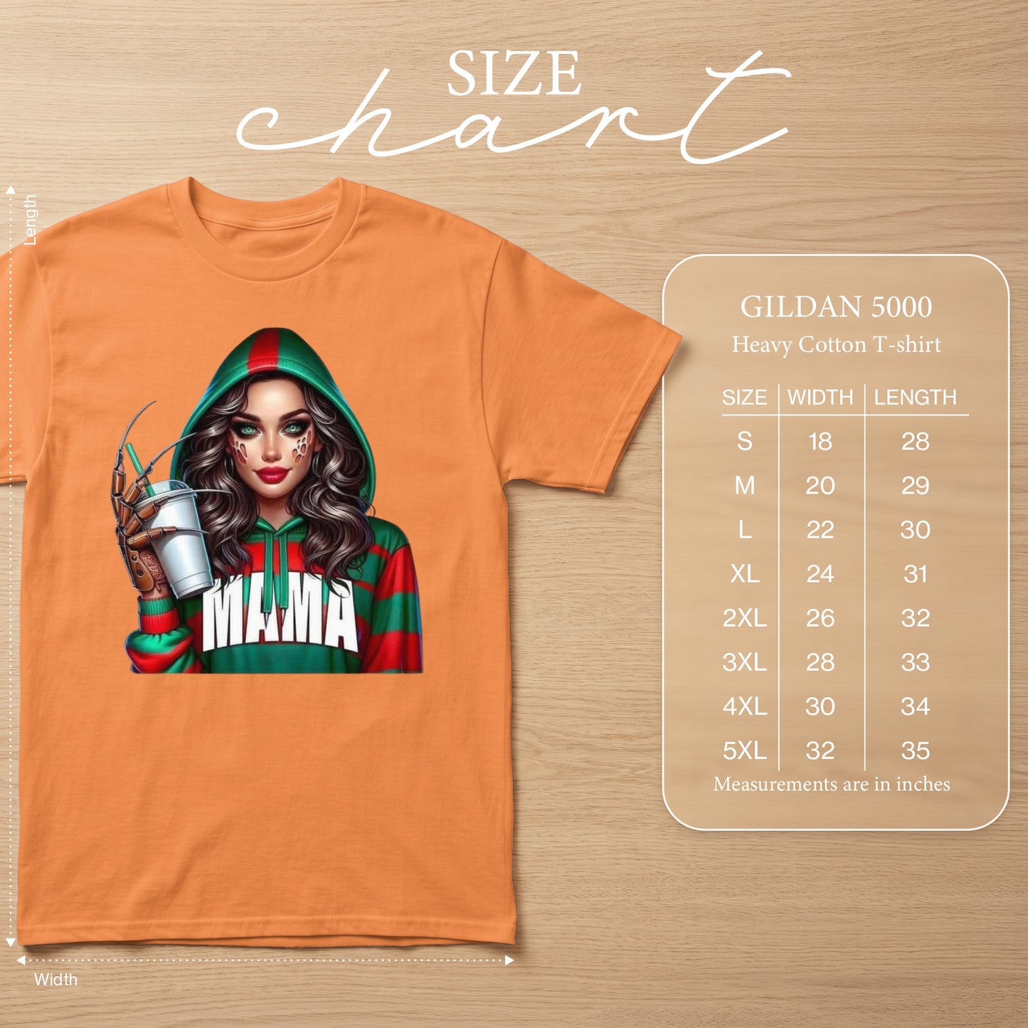 Orange t-shirt with "MAMA" graphic and a size chart.