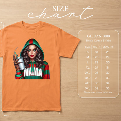 Orange t-shirt with "MAMA" graphic and a size chart.