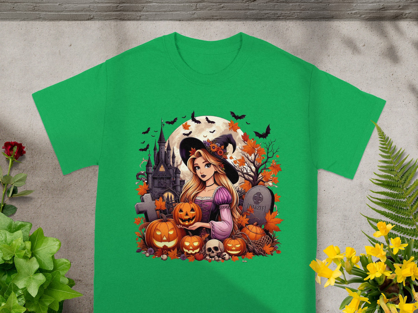 Halloween scene with witch, pumpkins, castle, bats, and "INAZLE" tombstone.